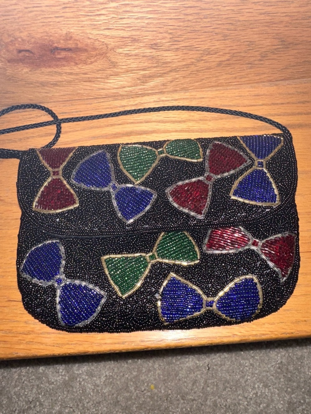 Beaded Bow Accent Black Evening Crossbody Bag - Multicolor Bows